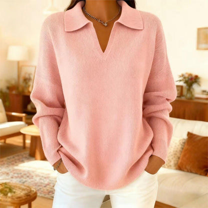 Linnea™ – Elegant stickad tröja med krage och V-ringning